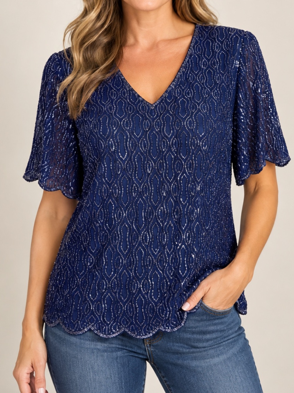Chaudry Silk Beaded Navy Blouse Lined Short Sleeve Evening to Casual